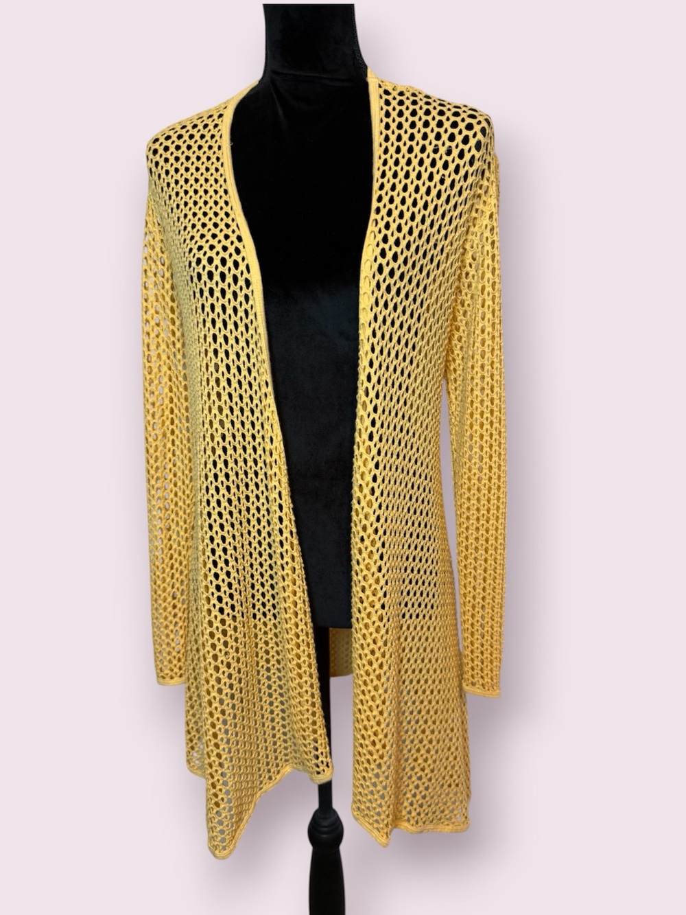 Cut Loose Mesh Fishnet Open Front Longline Cardigan Yellow Medium
